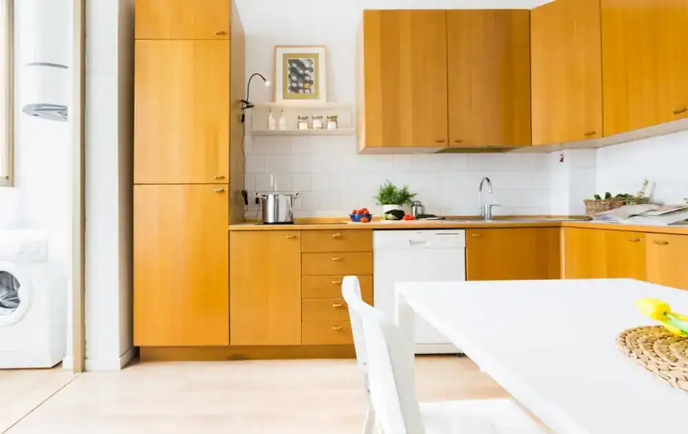 cucina moderna con mobili in legno e lavastoviglie